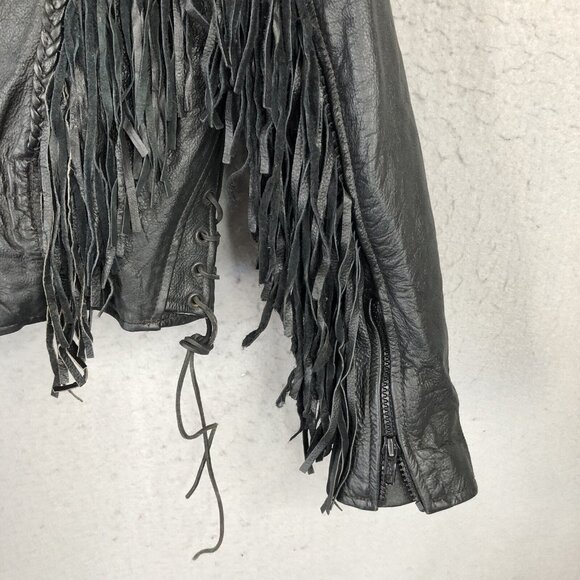 Black Leather Jacket Womens M Moto Fringe Scrolls Braids Biker Whimsigoth Rock - Picture 15 of 16